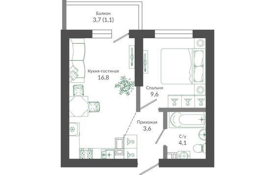 35,2 м², 1-комн. квартира, 1/12 этаж