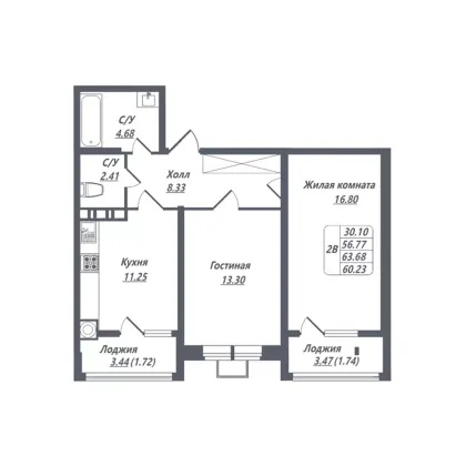 Продажа 2-комнатной квартиры 60,2 м², 6/8 этаж