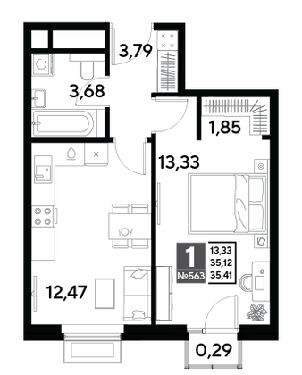 Продажа 1-комнатной квартиры 35,4 м², 24/25 этаж