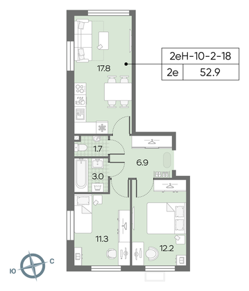 Продажа 2-комнатной квартиры 52,9 м², 17/24 этаж