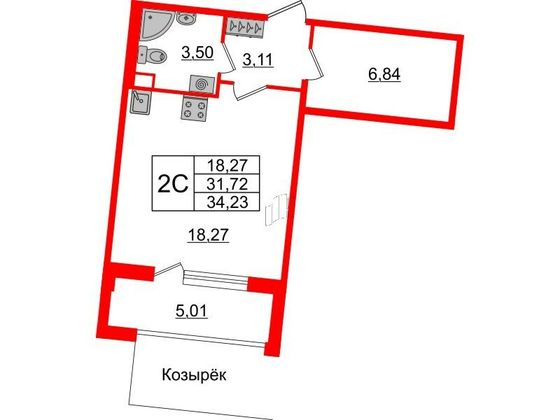 Продажа квартиры-студии 31,7 м², 2/12 этаж
