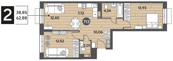 Продажа 2-комнатной квартиры 62,9 м², 2/12 этаж