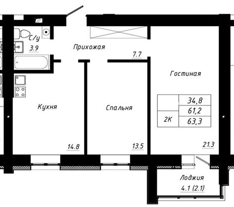 Продажа 2-комнатной квартиры 63,3 м², 6/10 этаж