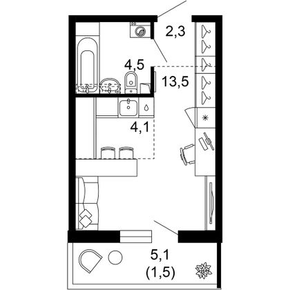 25,9 м², 1-комн. квартира, 1/12 этаж