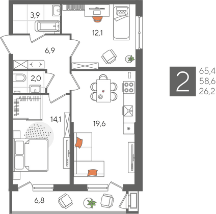 Продажа 2-комнатной квартиры 65,4 м², 2/24 этаж