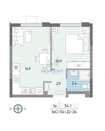 Продажа 1-комнатной квартиры 34,1 м², 4/24 этаж