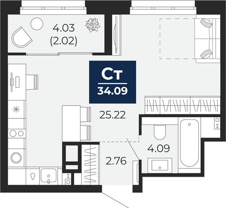 34,1 м², 1-комн. квартира, 10/23 этаж