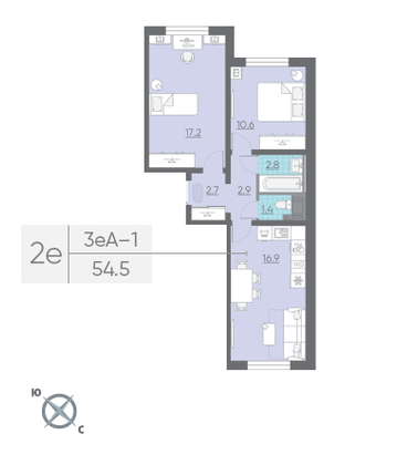 Продажа 2-комнатной квартиры 54,5 м², 12/25 этаж