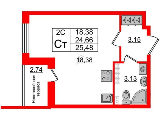 Продажа квартиры-студии 24,7 м², 5/5 этаж