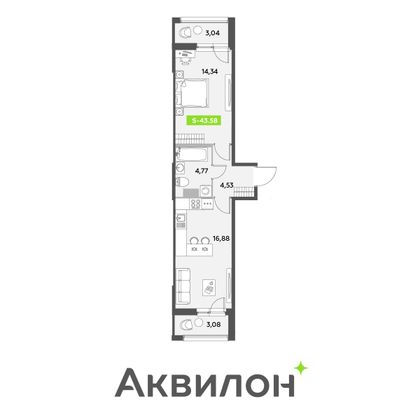 43,6 м², 1-комн. квартира, 6/12 этаж