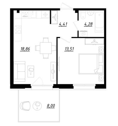 43,5 м², 1-комн. квартира, 1/5 этаж