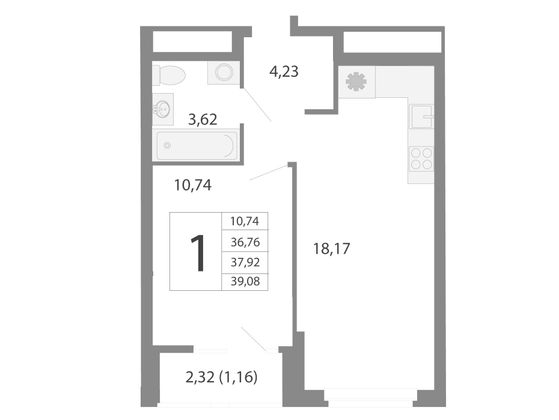 37,9 м², 2-комн. квартира, 14/26 этаж