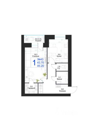 Продажа 1-комнатной квартиры 45,2 м², 2/4 этаж