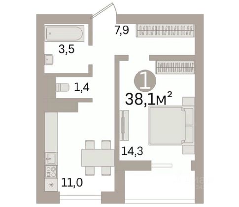 Продажа 1-комнатной квартиры 38 м², 3/20 этаж