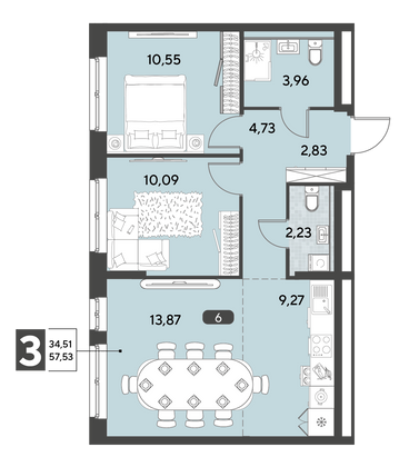 Продажа 3-комнатной квартиры 57,5 м², 2/25 этаж