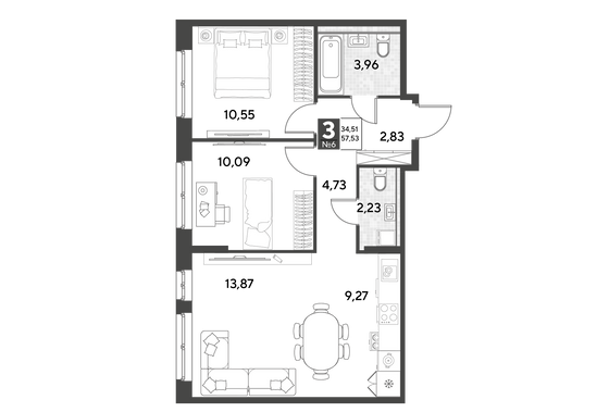 Продажа 3-комнатной квартиры 57,5 м², 2/25 этаж