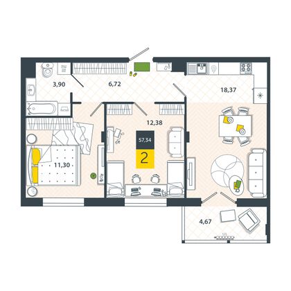 Продажа 2-комнатной квартиры 57,3 м², 4/8 этаж