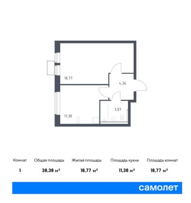 38,4 м², 1-комн. квартира, 2/12 этаж