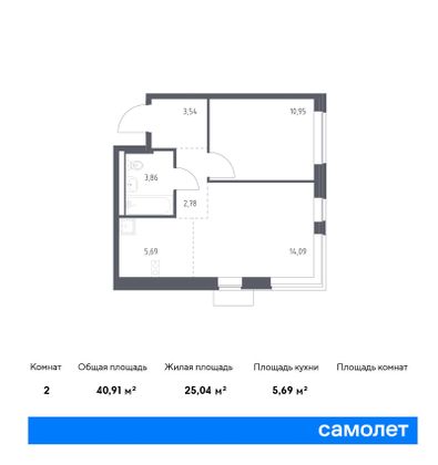 40,9 м², 1-комн. квартира, 9/13 этаж