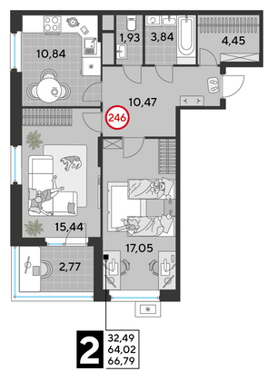 Продажа 2-комнатной квартиры 66,8 м², 20/25 этаж
