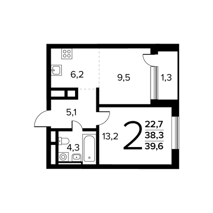 39,6 м², 2-комн. квартира, 9/14 этаж