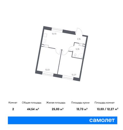 44,5 м², 2-комн. квартира, 17/22 этаж