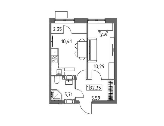 32,3 м², 1-комн. квартира, 15/19 этаж