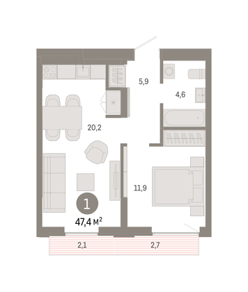 Продажа 1-комнатной квартиры 47,4 м², 6/16 этаж