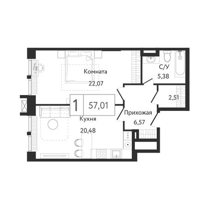 57 м², 1-комн. квартира, 14/24 этаж