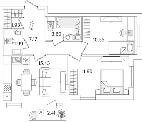 53,8 м², 2-комн. квартира, 5/9 этаж