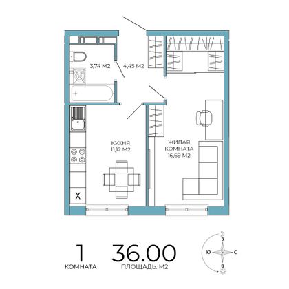 36 м², 1-комн. квартира, 12/18 этаж