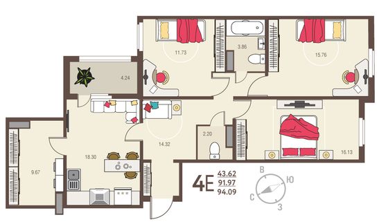 94,1 м², 3-комн. квартира, 2/17 этаж