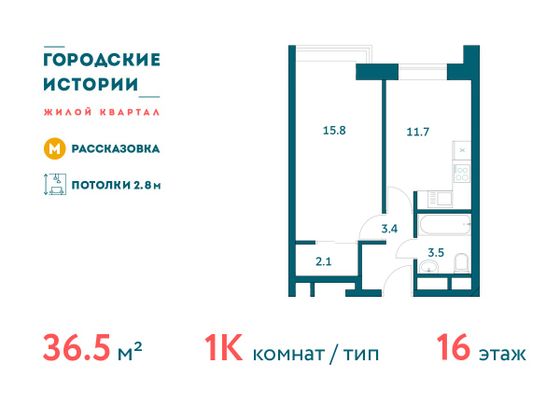 Продажа 1-комнатной квартиры 36,5 м², 16/19 этаж