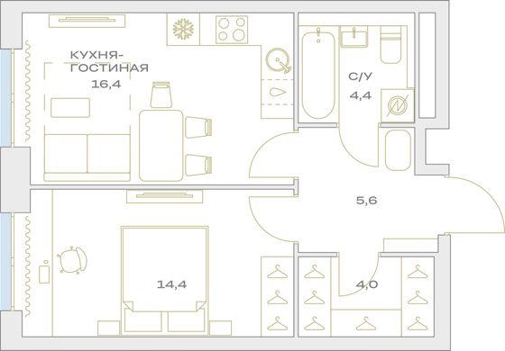 Продажа 1-комнатной квартиры 44,8 м², 16/23 этаж