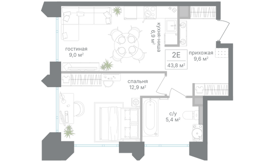 Продажа 1-комнатной квартиры 43,8 м², 17/19 этаж