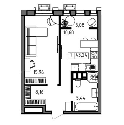 Продажа 1-комнатной квартиры 43,2 м², 16/23 этаж