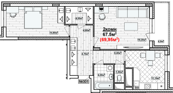 Продажа 2-комнатной квартиры 69,9 м², 11/19 этаж