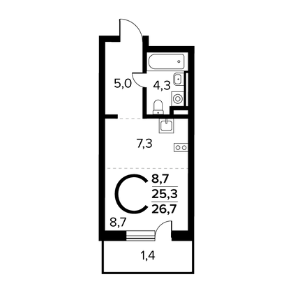 26,7 м², студия, 1/14 этаж