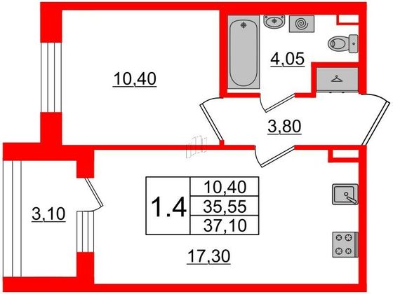 Продажа 1-комнатной квартиры 35,5 м², 1/4 этаж