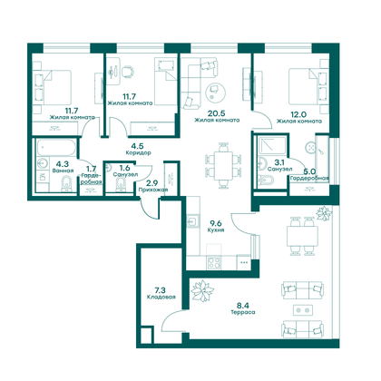 104,3 м², 4-комн. квартира, 6 этаж