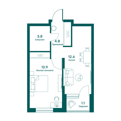 35,2 м², 1-комн. квартира, 4/5 этаж