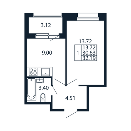 32,2 м², 1-комн. квартира, 4/12 этаж