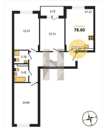 Продажа 3-комнатной квартиры 78,6 м², 2/9 этаж