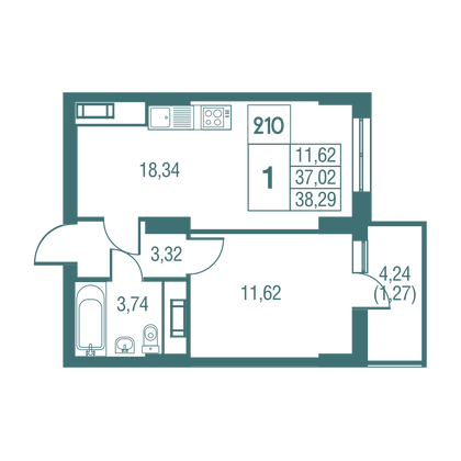 Продажа 1-комнатной квартиры 38,8 м², 25/25 этаж