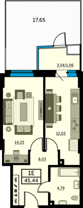 45,4 м², 1-комн. квартира, 2/24 этаж