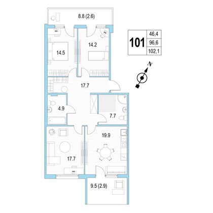 Продажа 3-комнатной квартиры 102,1 м², 2/4 этаж