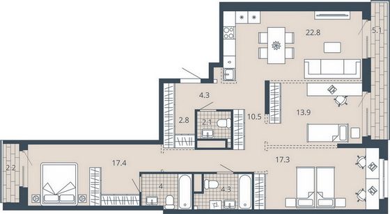 Продажа 3-комнатной квартиры 106,3 м², 5/23 этаж