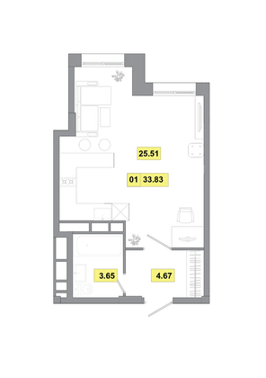 Продажа 1-комнатной квартиры 33,8 м², 1 этаж