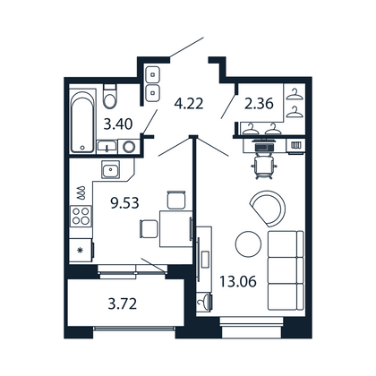 Продажа 1-комнатной квартиры 34,4 м², 2/12 этаж