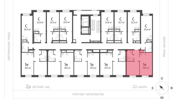 38,1 м², 1-комн. квартира, 4/12 этаж